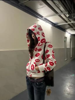 High Street Retro Red Lips Pattern Printed Short Zipper Hoodie Harajuku Punk Slimming Coat Autumn Winter Y2k Women Casual Hoodie