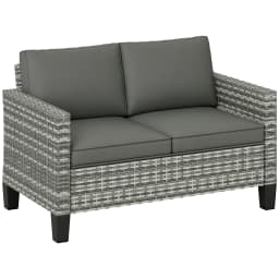 Outsunny 2 Seater Rattan Sofa with Cushions, Wicker Garden Loveseat with Armrests, Outdoor Garden Sofa Couch