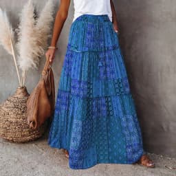Combhasaki Women's Summer Bohemian Y2K Retro Drawstring Elastic High Waist Casual Loose A-Line Swing Long Skirt with Pockets