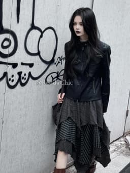 ReddaChic Alt Goth Contrast Plaid Skirt Grunge Retro Elastic Waist Raw Edge Irregular Ruffle Long Skirt Plus Size Women Clothes