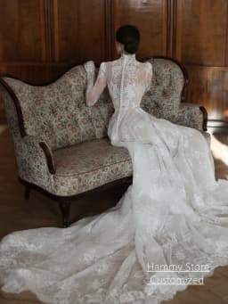 Wedding Dress Customized High Neck Long Sleeves Beading Sequined Lace Applique Court Train A Line Woman Bride Bridal Gown