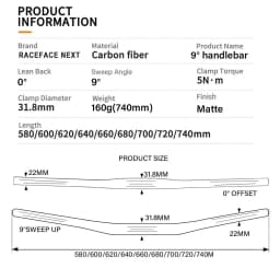 Raceface Next MTB Handlebar 9 Degree Full Carbon Mountain Bike Handlebars 31.8mm Carbon Handlebar Matte Black Bike Accessories