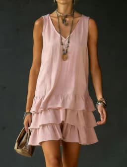 2026 Summer Casual Simple Solid Color Dress Women's Elegant Solid Color V-Neck Sleeveless Loose Layered Ruffle Edge Vest Dress