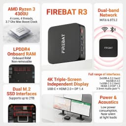 FIREBAT 2026 Mini PC R3 AMD Ryzen 3 4300U LPDDR4 8GB 16GB RAM 256GB 512GB SSD Windows11 Pro Wifi6 BT5.2 Support 4K 60Hz Desktop Computer