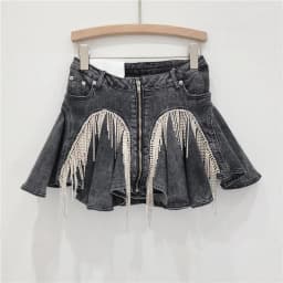 DEAT 3D Cutting Ruffled Edge Denim Skirts For Women 2024 Summer New Fashion Zipper Splicing Pleated Elastic Skirt Female 11A0198