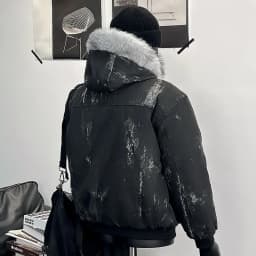 Y2K Cotton jacket with fur collar eagle embroidered and tie-dyeed winter men's design outdoor jacket thick and comfortable