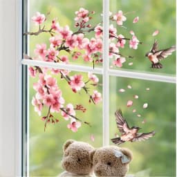 Pink Tree Branches Peach Blossoms And Birds Wall Stickers For Glass Window Decoration Bedroom Living Room Self-Adhesive Decor
