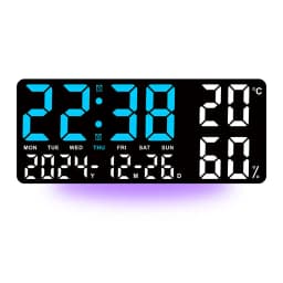 Large Digital Wall Clock with 7Colors Mood Light 2 Alarm TEMP Humidity Date Table Clock 12/24H Timing Countdown LED Alarm Clock