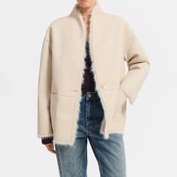 Women's Beige Cropped Fluffy Faux Fur Coat Button Stand Collar Winter Warm Thick Elegant Luxe Chic Outerwear