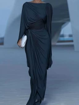 Elegant High Waist Solid Color Banquet Dress Lady Leisure Irregular Long Sleeve Dress Sexy Slash Collar Pleat Slim Evening Dress