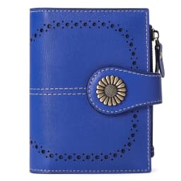New Women RFID Blocking Genuine Leather Wallet Vintage Sunflower Buckle Short Purse 16 Card Slots ID Window Zipper Female Wallet
