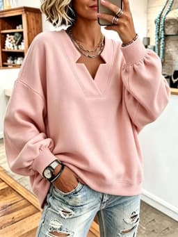 Women's Autumn Winter V-neck Loose Comfortable Ribbed Cuffs Hoodies Sweatshirt  Solid Color Loose Fitting Pullover Hoodie