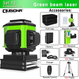 CLUBIONA 16/12 lines Self-leveling Remote Control Outdoor Mode - Receiver Auto 3x360 Green beam Line Laser Level
