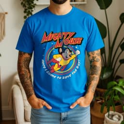 2026 Summer Mens Mighty Mouse Graphic Oversize Tee 100% Cotton Classic Cartoon Short Sleeve