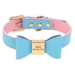 Personalized Dog Collar Cute Bowknot Engraved Dog Collars PU Leather Puppy Cat Necklace Adjustable for Small Medium Large Dogs