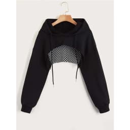 Street Sport Drop Shoulder Drawstring Hollow Out Super Crop Sports Hoodie Without Cami Top