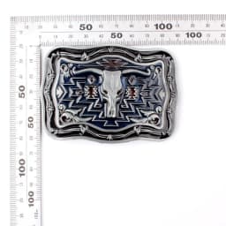 Men Belt Buckle Western Style Long-angle Cowhide Metal Smooth Buckle Beautiful pattern with red blue background silver bull head