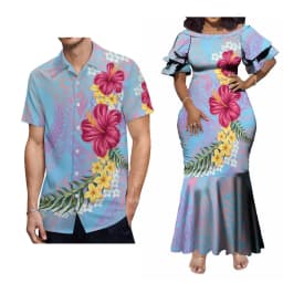 Support Custom Women'S Crew-Neck Dress Midi Party Fishtail Long Dress Polynesian Samoan Couple Suit Matching Men'S Aloha Shirt