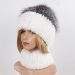 Women's Winter Warm Genuine Fur Hat Scarf Set Real Rex Rabbit Fur Cap with Silver Fox Scarves 2-Piece Natural Fashion Accessory