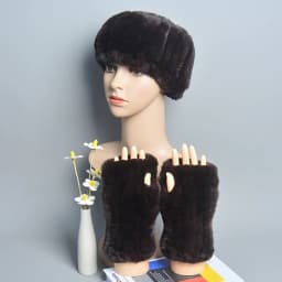 One Set Women Real Rex Rabbit Fur Cuff+Headband Winter Warmer Hat Arm Wrist Sleeve Gloves Female Real Fur Cap+Elastic Wristband