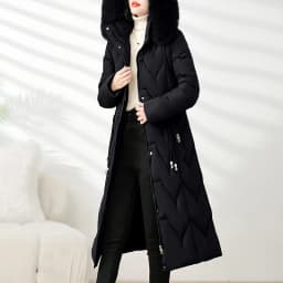 Winter Long Slim Fit down Cotton Jacket Women's Knee-Length Removable Sleeve Fur Collar Warm Thickened Zipper Closure Coat