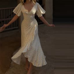 Elegant Women's Floral Printed Dress Slim V Neck Short Sleeve Waist Cinching Long Fishtail Dresses 2026 Summer Lady Party Robes