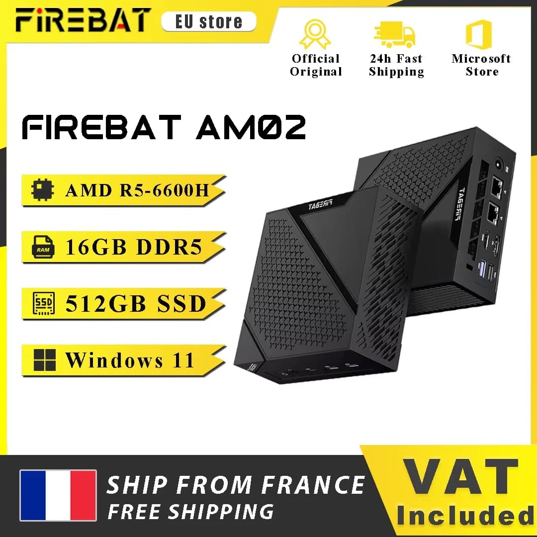 Firebat Am02 Mini Pc Amd Ryzen 5 6600H 16Gb Ddr5 512Gb Ssd Windows 11 Wifi6 Bt5.2 Compact Desktop Computer Network HDMI Port