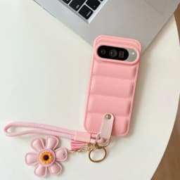 Cartoon Sunflower Down Jacket Lanyard Phone Case for Google Pixel 5 6 7 8 9 10 Pro 9A 7A 6A 5A Hand Wrist Strap Soft TPU Cover