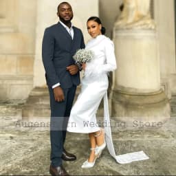 Customized Civil Wedding Dress One Shoulder Feather Long Sleeve Court Wedding Gowns Midi Sheath Pearl Applique Bridal Gown Short
