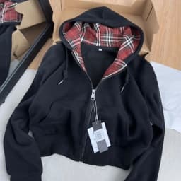 American Vintage Plaid Patchwork Zip Up Hoodie for Women Autumn Winter Loose Casual All Match Cardigan Jacket Women Y2k Top