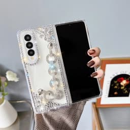 for Samsung Galaxy Z Fold 4 Case Cute for Women Girls Luxury 3D Handmade Sparkle Pearl Strap Chain Diamond Bling Glitter Cover