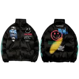 2025 Hip Hop Jacket Parka Happy Graffiti Print Men Windbreaker Streetwear Harajuku Winter Padded Jacket Coat Warm Outwear Thick