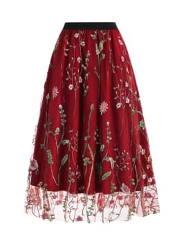 Tonval Floral Embroidered Mesh Overlay Lined Long Skirt Elastic Waist Women Elegant Festival Outfit Summer Vintage Skirts