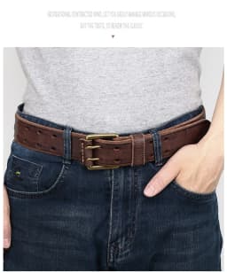Belt For Men Leather Work Heavy Duty Double Buckles Dlawed Genuine Leather 3.8cm Male Copper Buckle Retro Brown Men's Belt