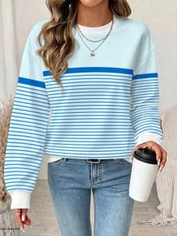 Women's Long Sleeved Round Neck Daily Casual Versatile Pullover Tops 3D Striped Splicing Regular Sweatshirt