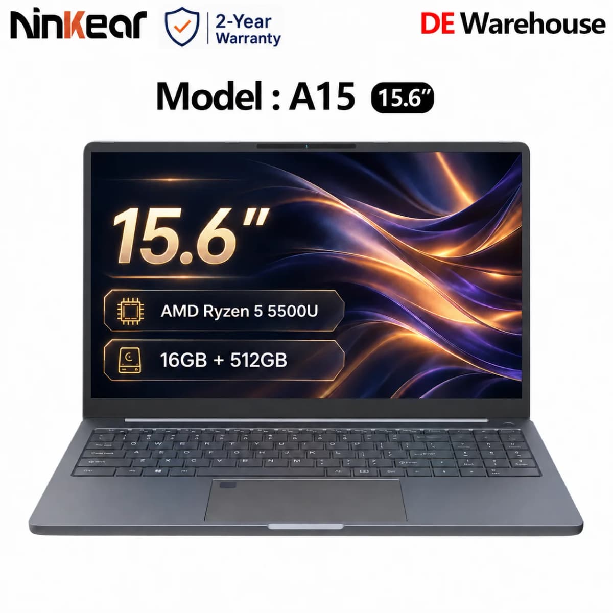 Ninkear A15 Laptop 15.6 Inch FHD IPS Display 16GB RAM 512GB SSD AMD Ryzen 5 5500U USB-C PD 65W Fast Charging Windows 11 WiFi 6 Backlit Keyboard for Business Home Office Study and Everyday Multitasking