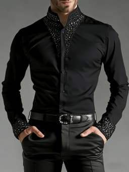 Luxury Rhinestone Shirt for Men Mandarin Stand Collar Crystal Embellished Cuff Long Sleeve Slim Fit Party Wedding Formal Blouse