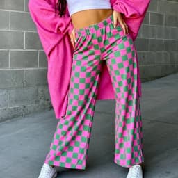 Womens Checkered Wide Leg Pants Vintage High Elastic Waist Straight Loose Fit Lounge Trouser Teen Girl Harajuku Streetwear