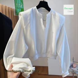 French style V-neck shoulder pads short sweater women's spring and autumn new fashion casual loose niche bottoming shirt