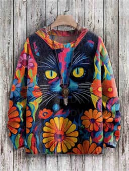 Abstract Art Cat Multicolor Print Casual Pullover Knit Sweater Women For Men Sweater