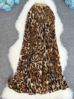 Spring Summer Leopard Print Pleated Long Skirt For Women 2026 Vintage Casual Office Lady Skirts