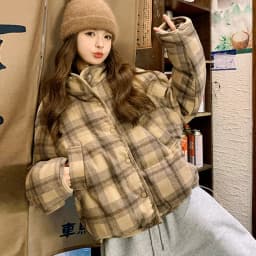 Retro Plaid Short Padded Jacket for Women Autumn Winter Maillard Style Thick Warm Outerwear Female Casual Korean Puffer Jackets
