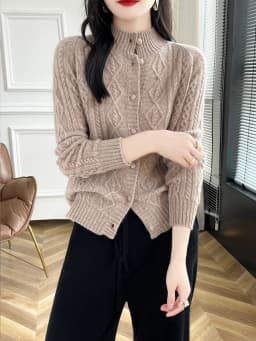 100% Wool Cashmere Cardigan Autumn Winter New Half High Collar Twist Coat High-End Knitwear Sweater Shirt Loose Women Thick Tops