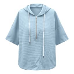 Women Waffle Knit Hoodie Half Zip Drawstring 3/4 Batwing Sleeve With Side Pockets Loose Oversized Pullover Solid Autumn Hoodies