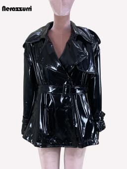Nerazzurri Spring Autumn Oversized Thin Shiny Reflective Patent Leather Trench Coat for Women Double Breasted European Fashion