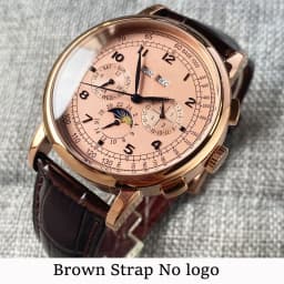 Corgeut 42mm Automatic Men's Watch Date Day Month Year Salmon Dial Multifunction 316L Leather Strap Polished Case Day Night