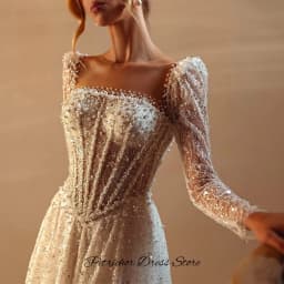 Elegant Square Collar Organza Wedding Dress Customized A-Line Long Sleeves Bridal Gowns Delicate Pearls Crystal Vestido De Novia