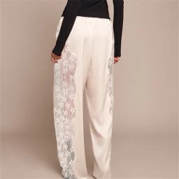 hirigin Women's Satin Wide Leg Trousers Lace Patchwork High Waisted Drawstring Lounge Pants Elegant Loose Fit Bottoms