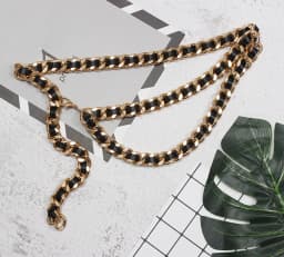 [EAM]  Pu Leather Black Metal Chain Split Joint Long Belt Personality Women New Fashion Tide All-match Spring 2026 1T186