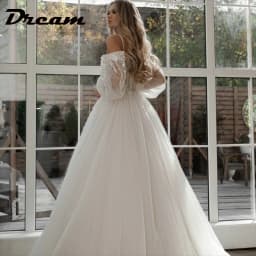 DREAM Customized Off Shoulder Lace Glitter Wedding Dresses Long Puff Sleeve 3D Flowers Boho Bride Gown 2026 Vestidos De Novia